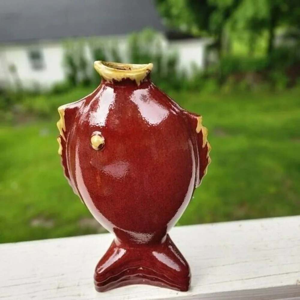 Vintage Pottery Nautical Fish Shaped Vase‎ Terracotta 13.5in Tall